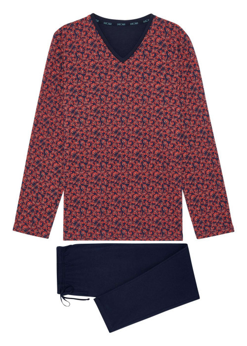 Pyjama long en coton marine fleuri avec une coupe fermée et un col v