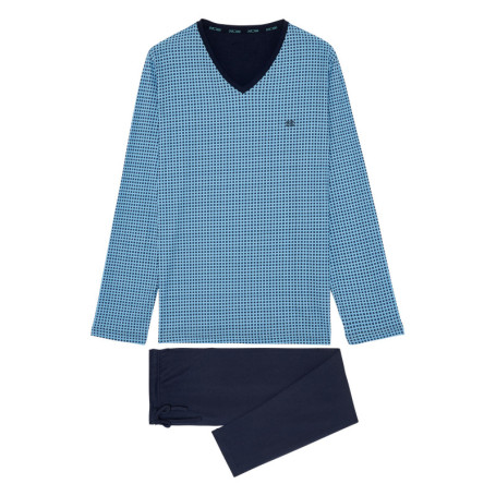 Pyjama long en coton bleu imprimé géométrique...