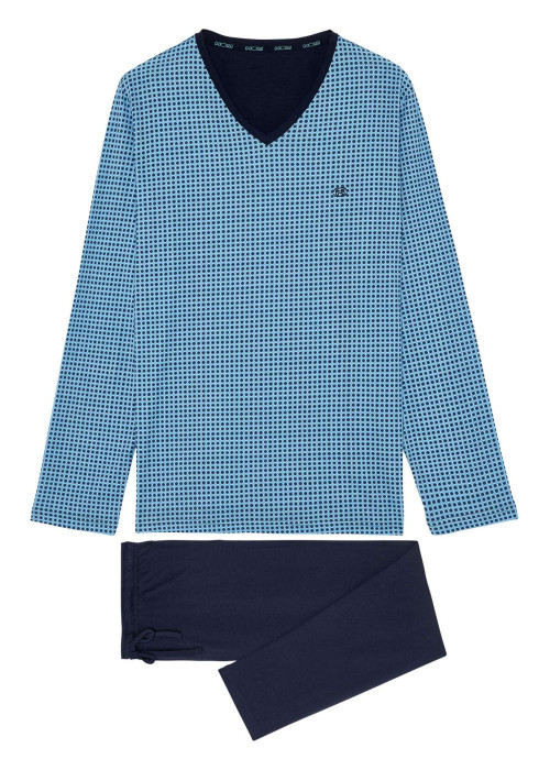 Pyjama long en coton bleu imprimé géométrique coupe fermée col v