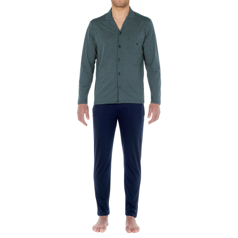 Hom - Pyjama Long En Coton Marine Imprimé Géométrique Coupe Droite Col Camp - Marine