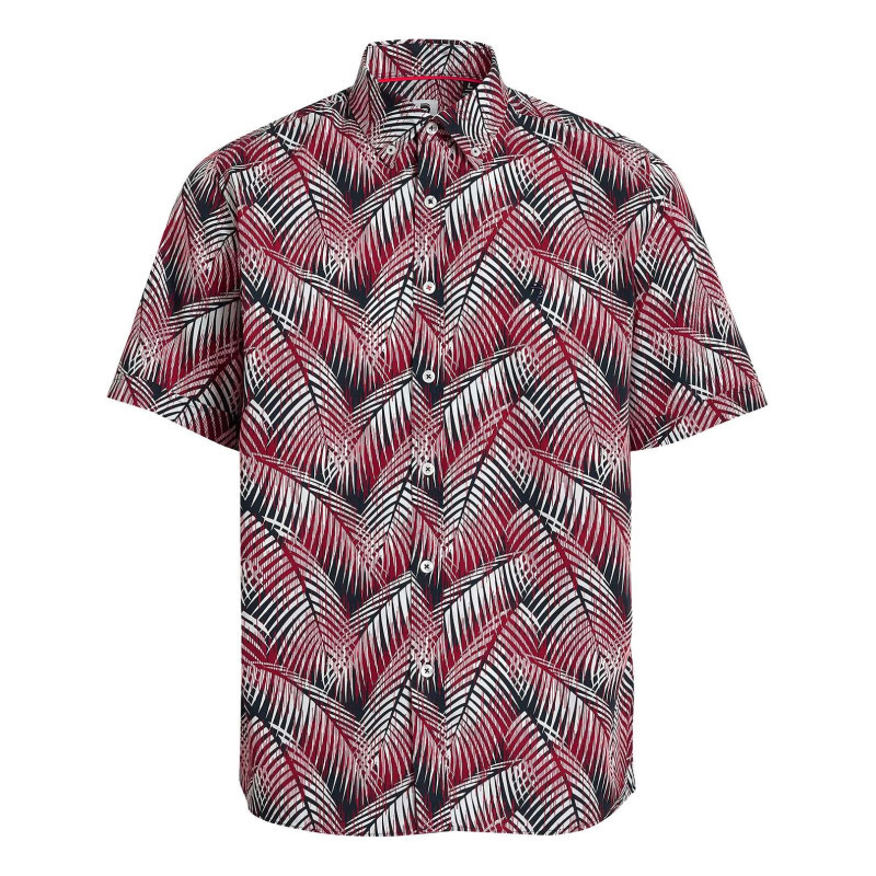 J & Joy - Chemise Rouge En Coton Imprimée De Palme, Coupe Ajustée Col Américain Et à Manches Courtes - Rouge