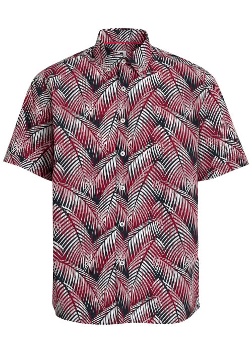 Chemise rouge en coton imprimée de palme, coupe ajustée col américain et à manches courtes