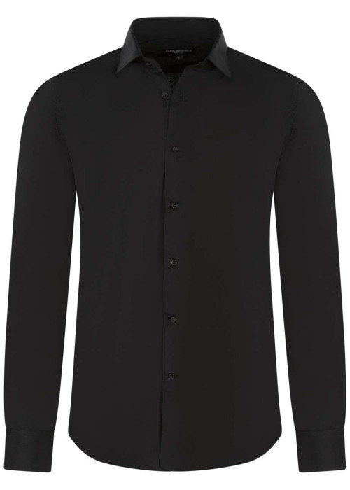 Chemise noire unie à coupe ajustée col italien et à manches longues