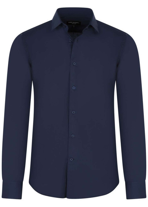Chemise marine unie à coupe ajustée col italien et à manches longues