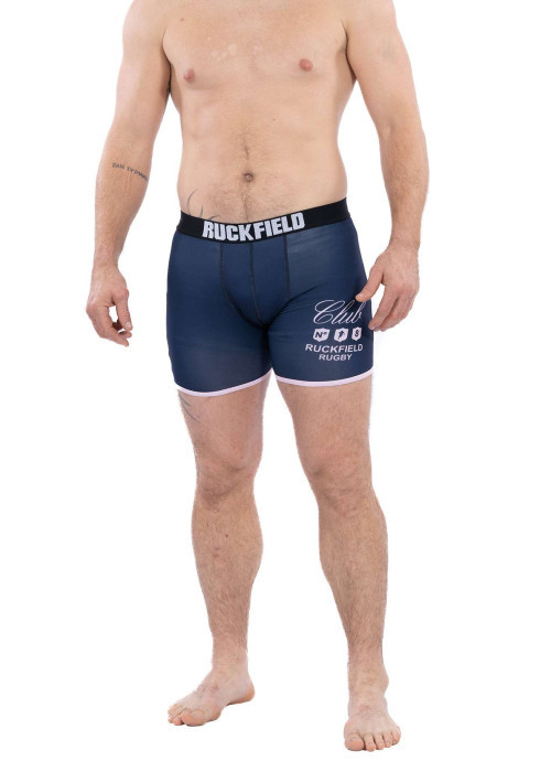 Boxer marine uni avec une coupe fermée et nom de la marque brodé