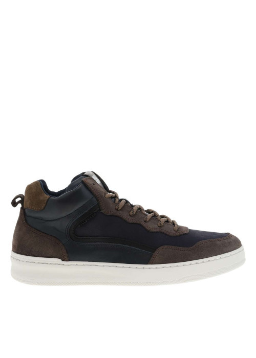 Baskets montantes divers cuir bleu marine et taupe à semelle sneakers plate et à lacets ronds tressés