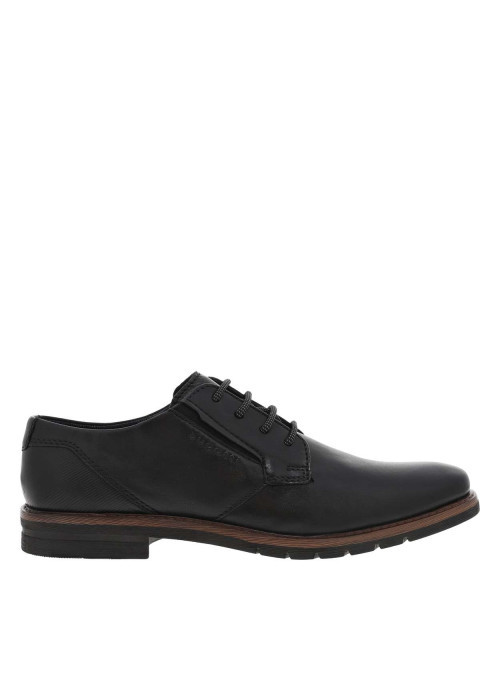 Derbies en cuir noir à talon décroché bas, lacet tressé et trépointe marron