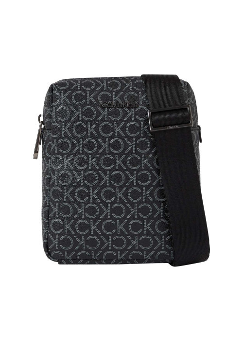 Sacoche noire grainée avec monogramme blanc imprimé et bandoulière réglable
