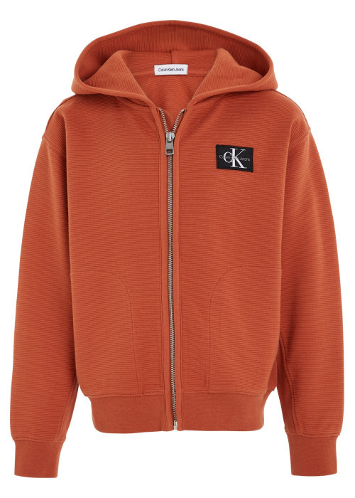 Cardigan à capuche en coton rouille uni en maille côtelée à manches longues
