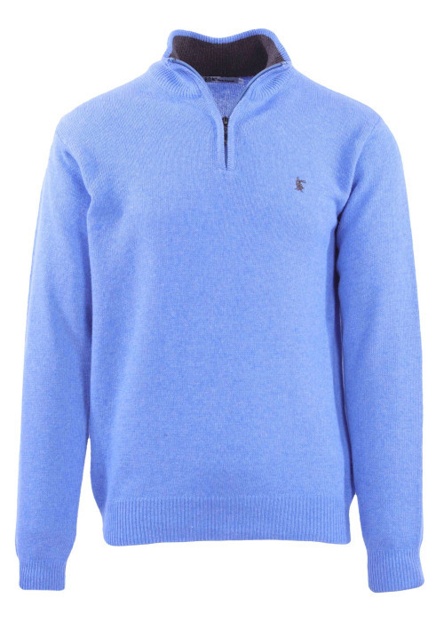 Pull en coton bleu uni avec logo de la marque brodé et un col camionneur