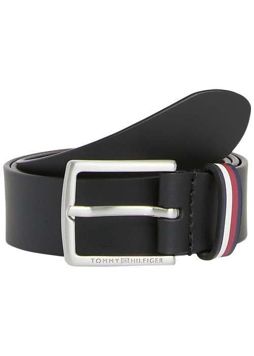 Ceinture en cuir noire unie avec boucle argentée avec nom de la marque