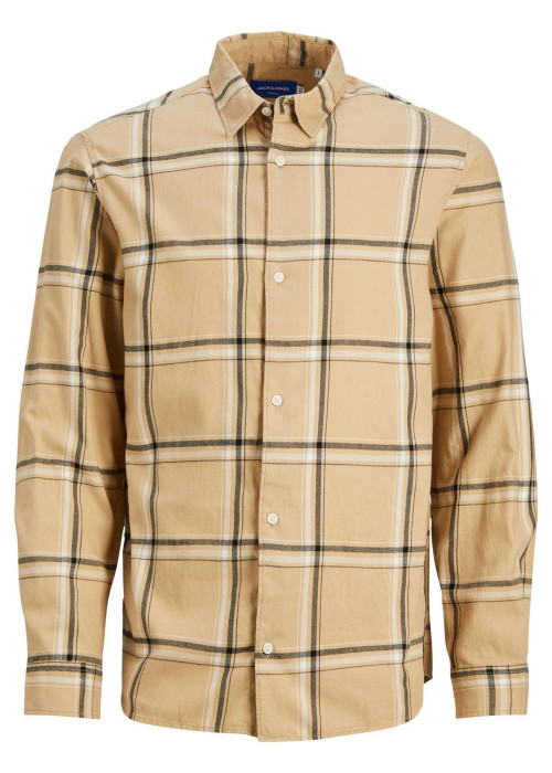 Chemise beige à carreaux en coton avec une coupe droite et un col français