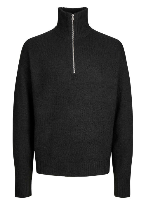 Pull noir uni avec une coupe droite et un col montant zippé