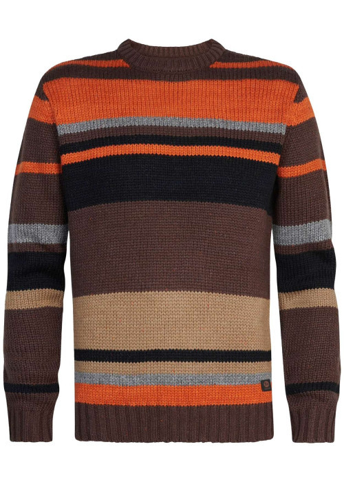 Pull marron rayé coupe droite avec un col rond et étiquette avec inscriptions