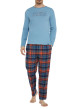 Thumbnail Pyjama long en coton bleu à carreaux avec une coupe droite et un col rond