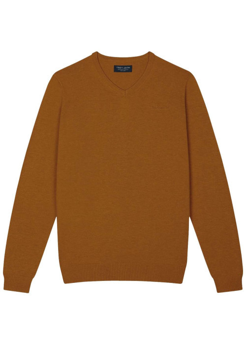 Pull en coton orange chiné avec logo brodé à la poitrine et un col v