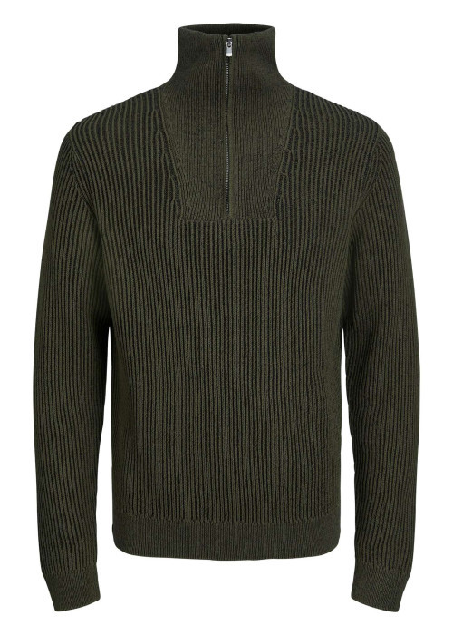 Pull en coton kaki en maille jersey avec une coupe droite et un col camionneur
