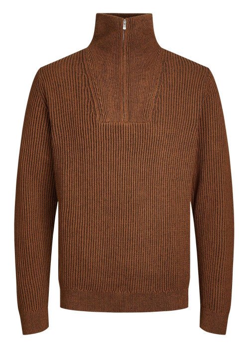 Pull en coton camel maille jersey avec une coupe droite et un col zippé