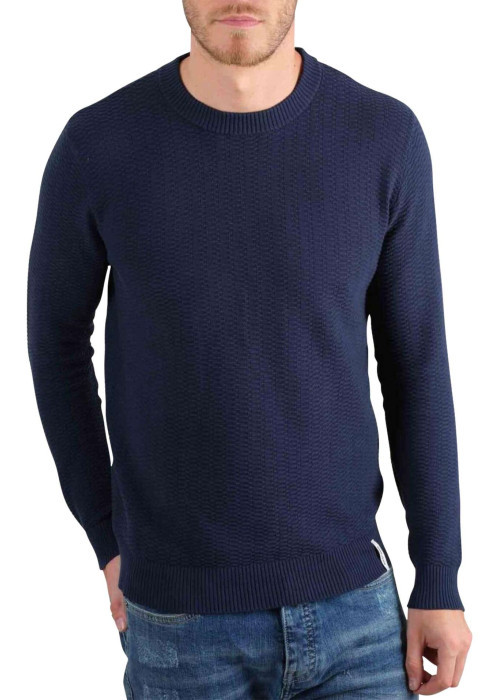 Pull en coton bleu marine uni en maille texturée et bords côtes