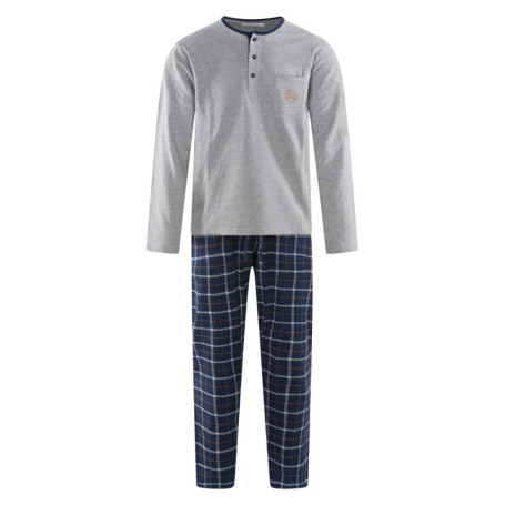 Pyjama long en coton gris et à carreaux avec...