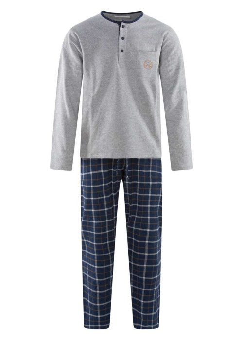 Pyjama long en coton gris et à carreaux avec une coupe droite et un col tunisien