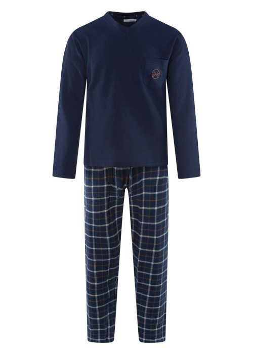 Pyjama long en coton marine à carreaux avec une coupe droite et un col v
