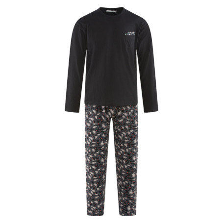 Pyjama long en coton noir et fleuri avec une...
