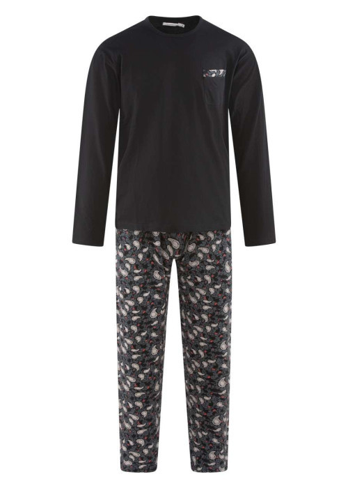 Pyjama long en coton noir et fleuri avec une coupe droite et un col rond