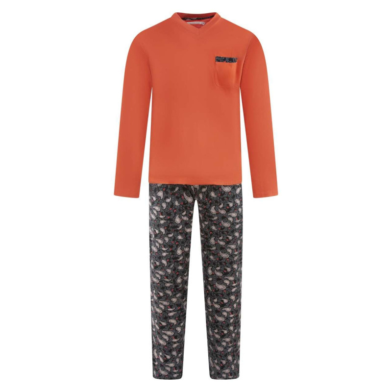Christian Cane - Pyjama Long En Coton Couleur Brique Et Fleuri Avec Une Coupe Droite Et Un Col V - Brique