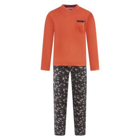 Pyjama long en coton couleur brique et fleuri...