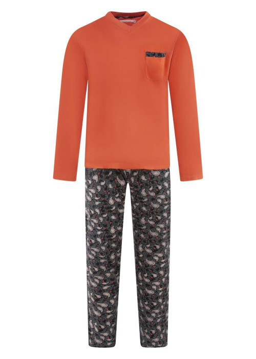 Pyjama long en coton couleur brique et fleuri avec une coupe droite et un col v