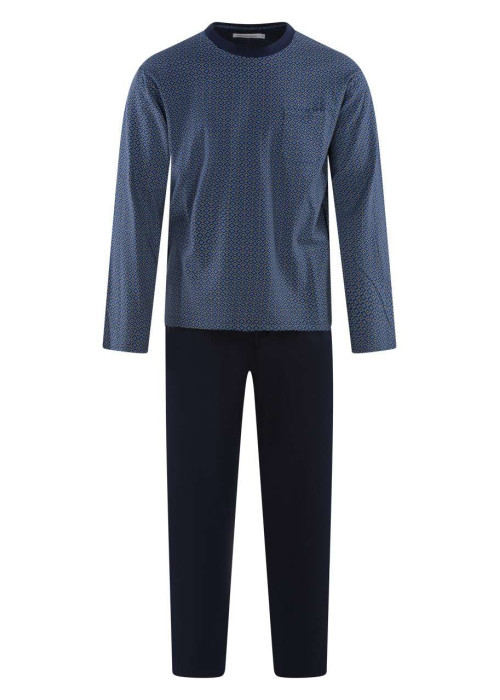 Pyjama long en coton bleu à imprimé une coupe droite et un col rond