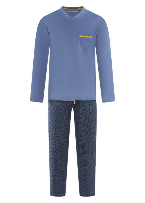 Pyjama long en coton bleu à imprimé avec une coupe droite et un col v