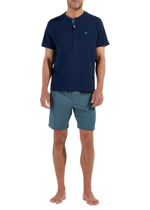 Pyjama court en coton bleu imprimé ovales avec coupe fermée et col tunisien