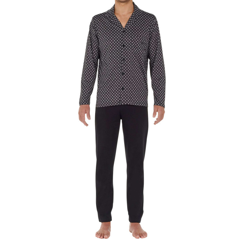 Hom - Pyjama Long En Coton Noir Imprimé Géométrique Avec Coupe Ouverte Et Col Cubain - Noir Hom - Pyjama Long En Coton Noir Imprimé Géométrique Avec Coupe Ouverte Et Col Cubain - Noir