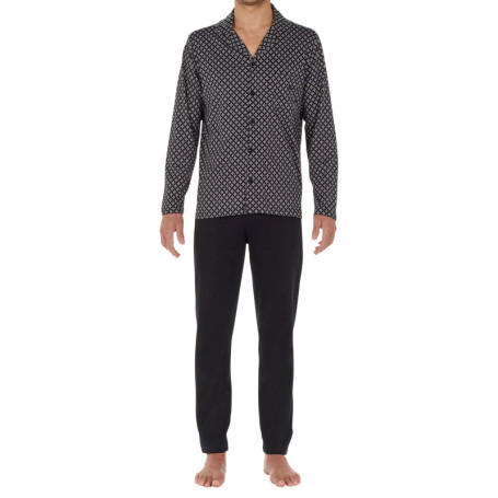 Pyjama long en coton noir imprimé géométrique...