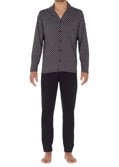 Pyjama long en coton noir imprimé géométrique avec coupe ouverte et col cubain