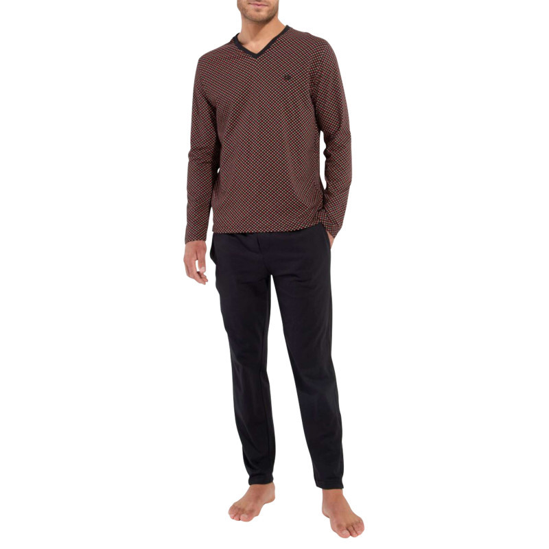 Hom - Pyjama Long En Coton Noir Imprimé Géométrique Avec Coupe Fermée Et Col V - Noir