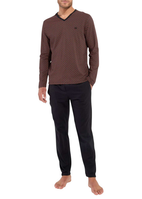 Pyjama long en coton noir imprimé géométrique avec coupe fermée et col v