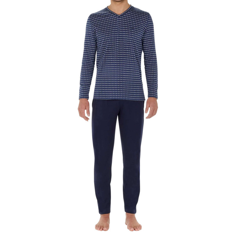 Hom - Pyjama Long En Coton Bleu Imprimé Géométrique Avec Un Col V Et Une Coupe Fermée - Bleu