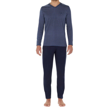 Pyjama long en coton bleu imprimé géométrique...