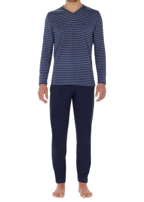 Pyjama long en coton bleu imprimé géométrique avec un col v et une coupe fermée