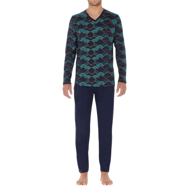 Hom - Pyjama Long En Coton Marine Avec Un Imprimé Montagne Et Un Col V - Marine Hom - Pyjama Long En Coton Marine Avec Un Imprimé Montagne Et Un Col V - Marine