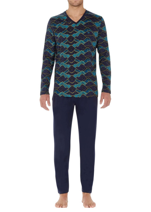 Pyjama long en coton marine avec un imprimé montagne et un col v