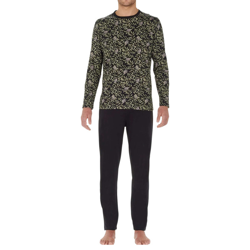 Hom - Pyjama Long En Coton Noir Imprimé Jungle Avec Un Col Rond Et Coupe Fermée - Noir Hom - Pyjama Long En Coton Noir Imprimé Jungle Avec Un Col Rond Et Coupe Fermée - Noir