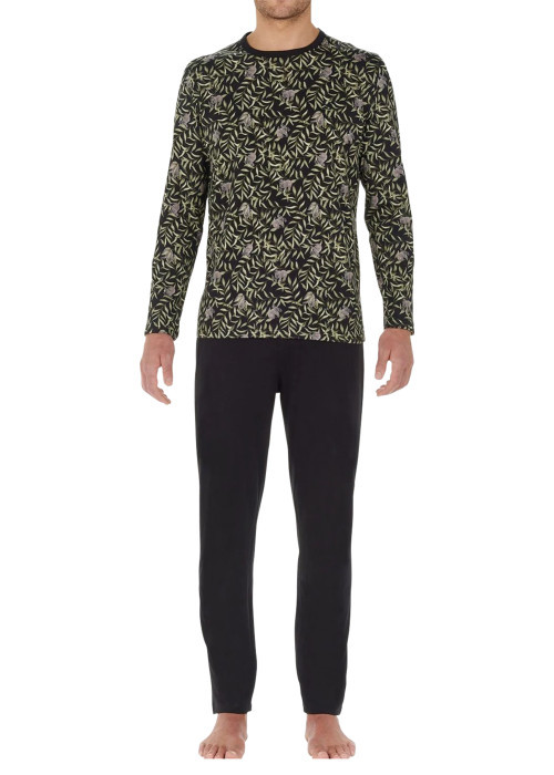 Pyjama long en coton noir imprimé jungle avec un col rond et coupe fermée