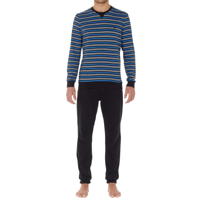 Hom - Pyjama Long En Coton Bleu à Rayures Avec Coupe Fermée Et Col Rond - Bleu Hom - Pyjama Long En Coton Bleu à Rayures Avec Coupe Fermée Et Col Rond - Bleu