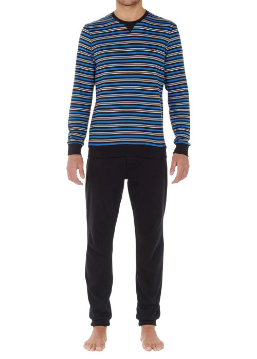 Pyjama long en coton bleu à rayures avec coupe fermée et col rond