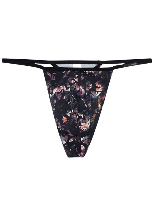 String noir fleuri avec une coupe moulante et une taille élastiquée