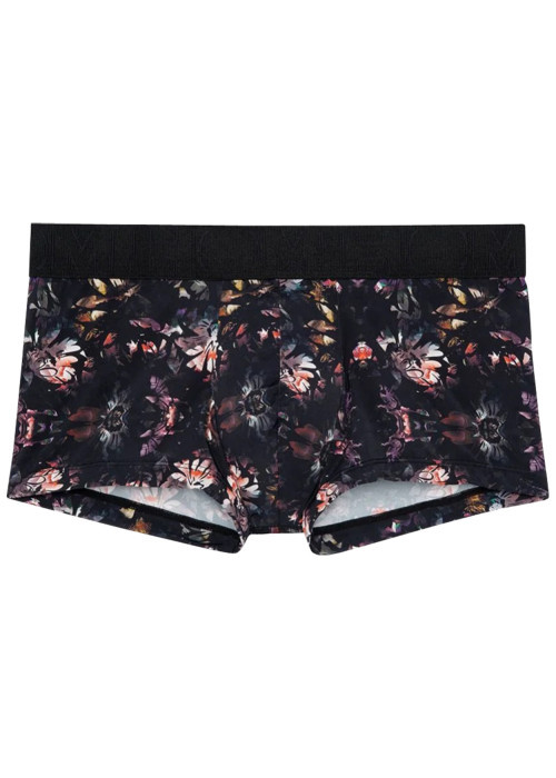 Boxer court noir fleuri avec une coupe près du corps et une taille élastiquée